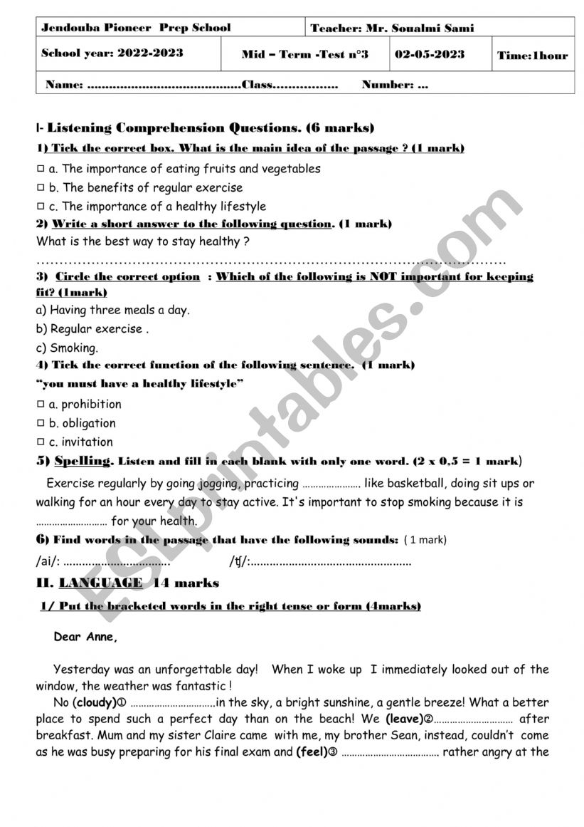 mid term test n3 FOR 7th grade 