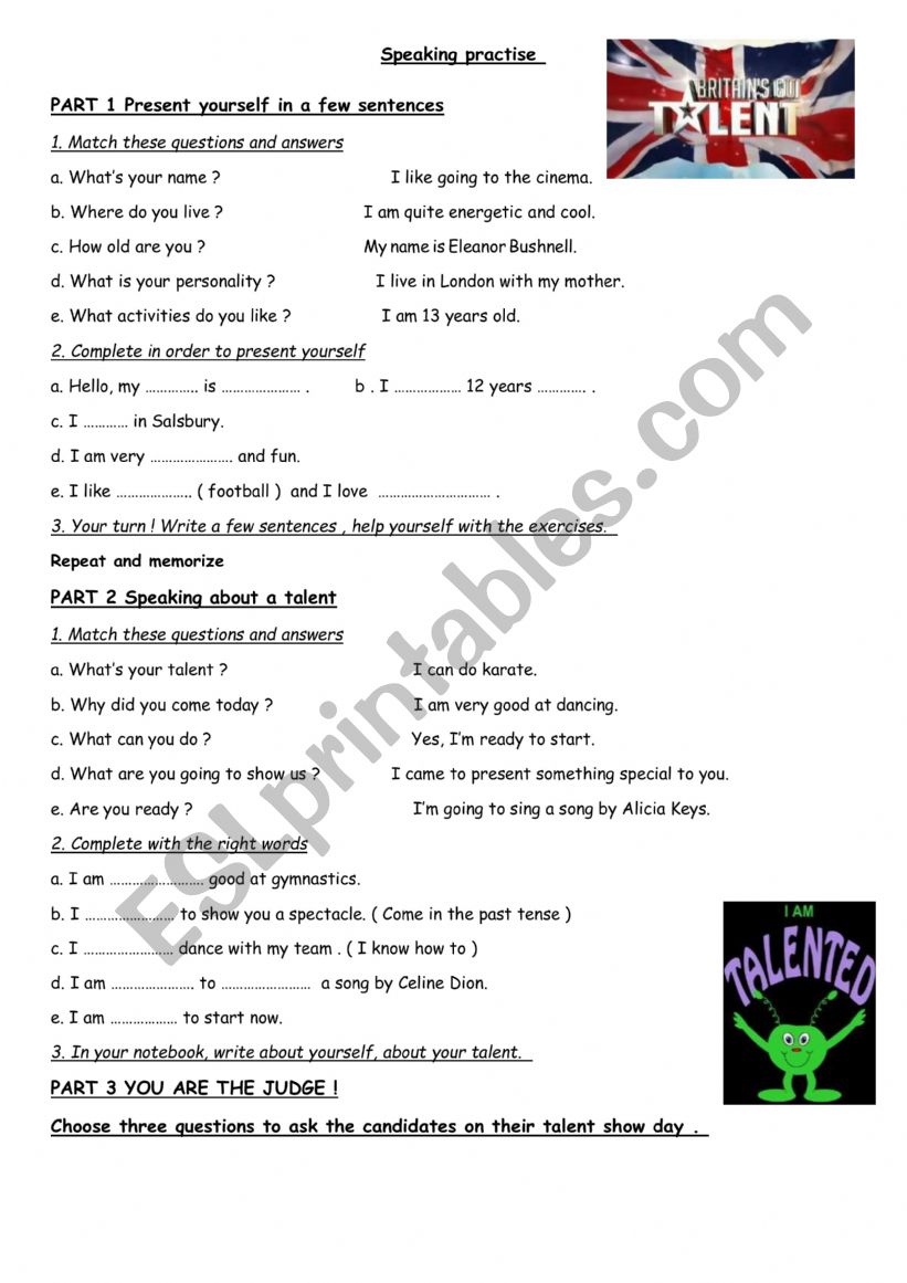 Speaking preparation TALENTS worksheet