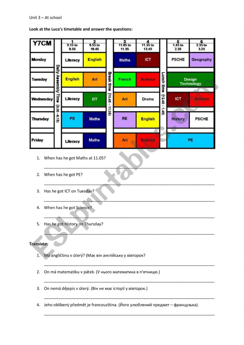 School timetable worksheet