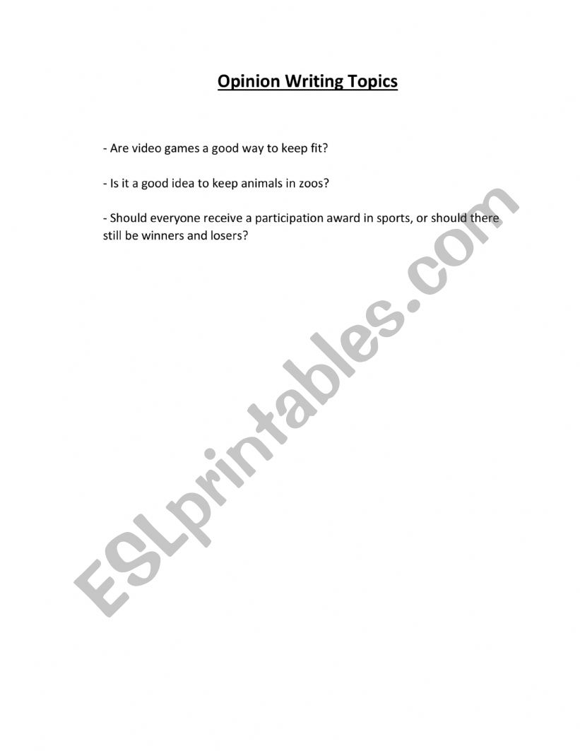 Opinion Writing Topics worksheet