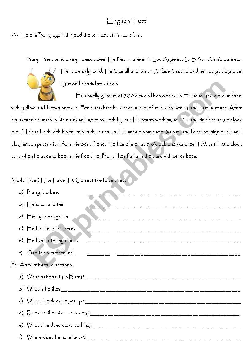 English Test worksheet