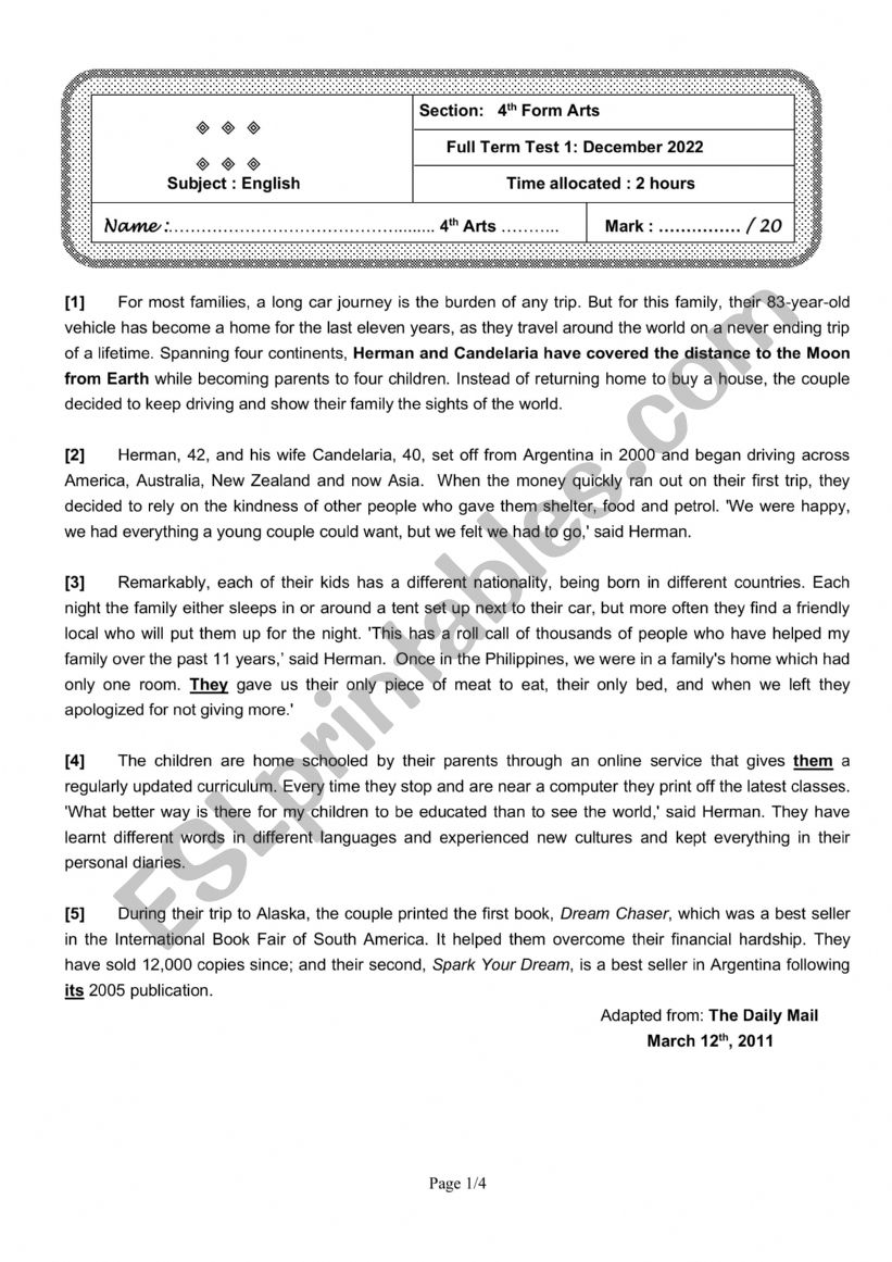 global test 1 fourth formers worksheet