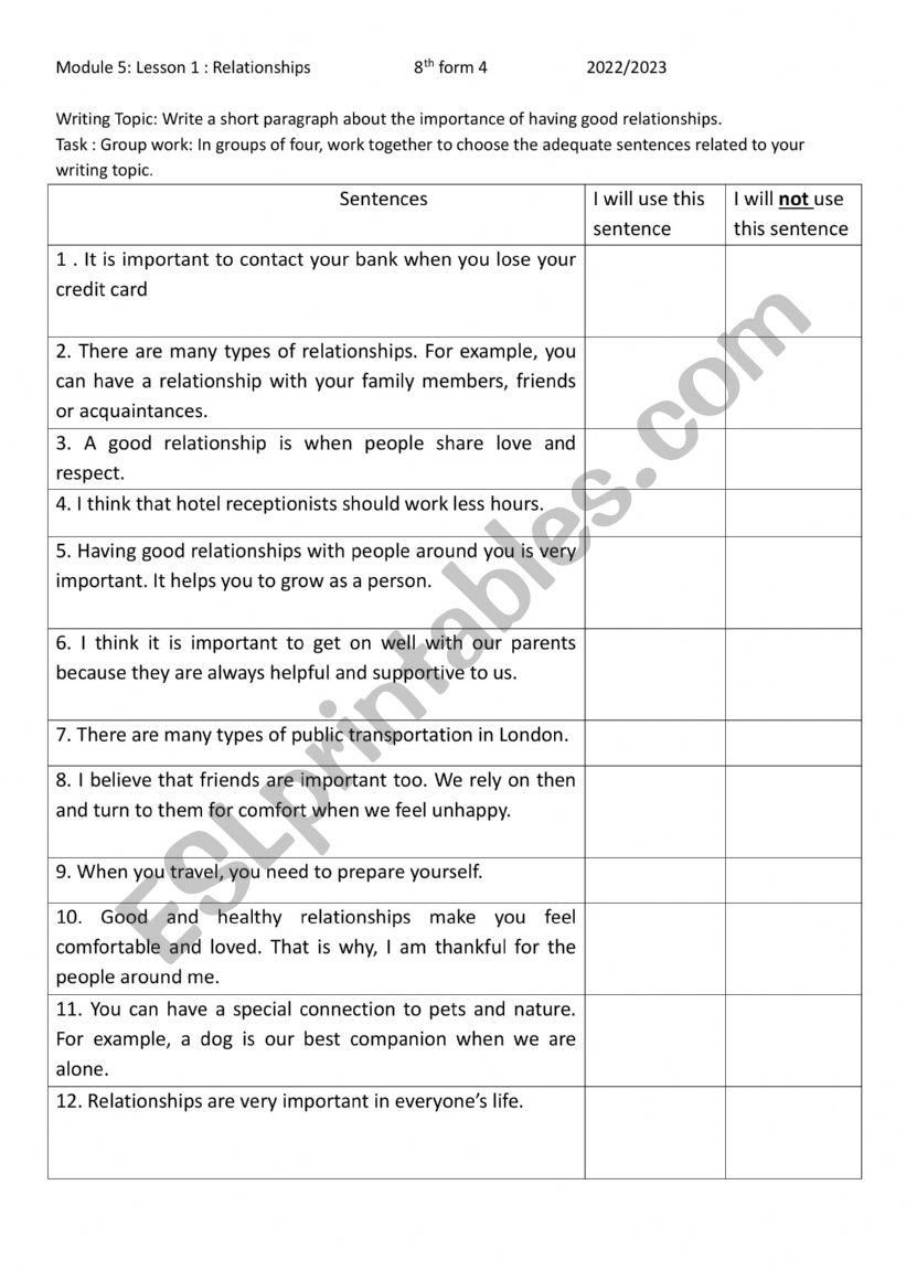 8th Form Tunisian Pupils Module 5: Lesson 1: Relationships (Writing) 