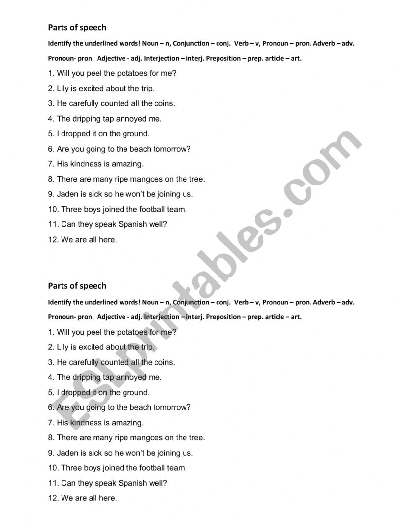 Parts of Speech worksheet