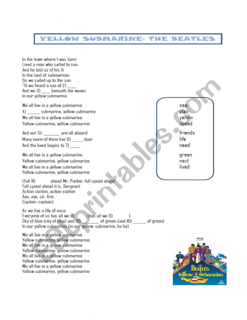 YELLOW SUBMARINE WORKSHEET worksheet