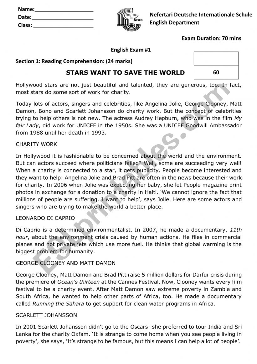 Grade 6 English Exam worksheet