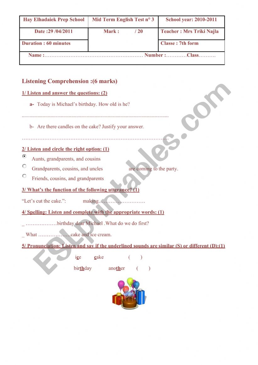 Mid Term English Test n 3 7th form 