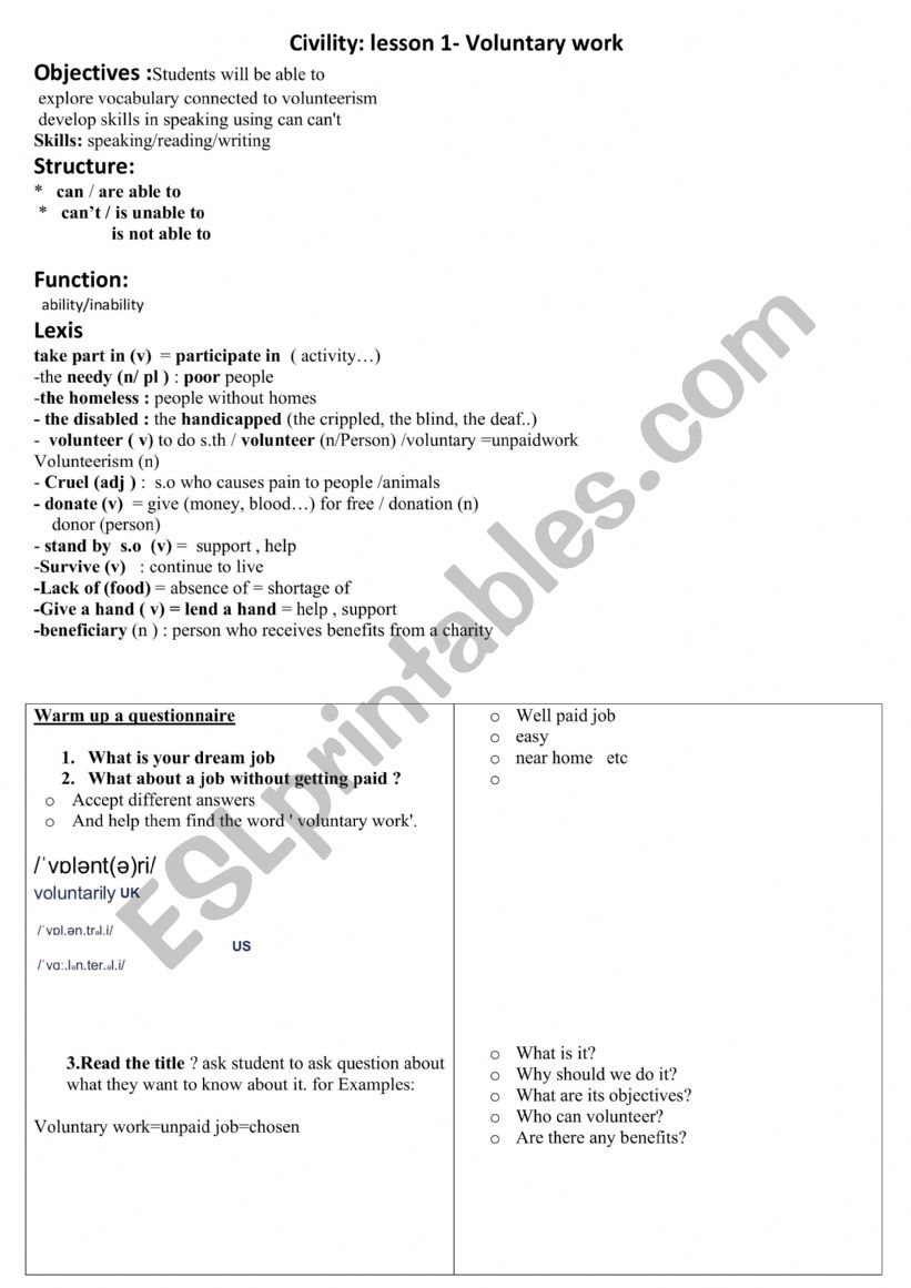 voluntary work lesson plan 9th form