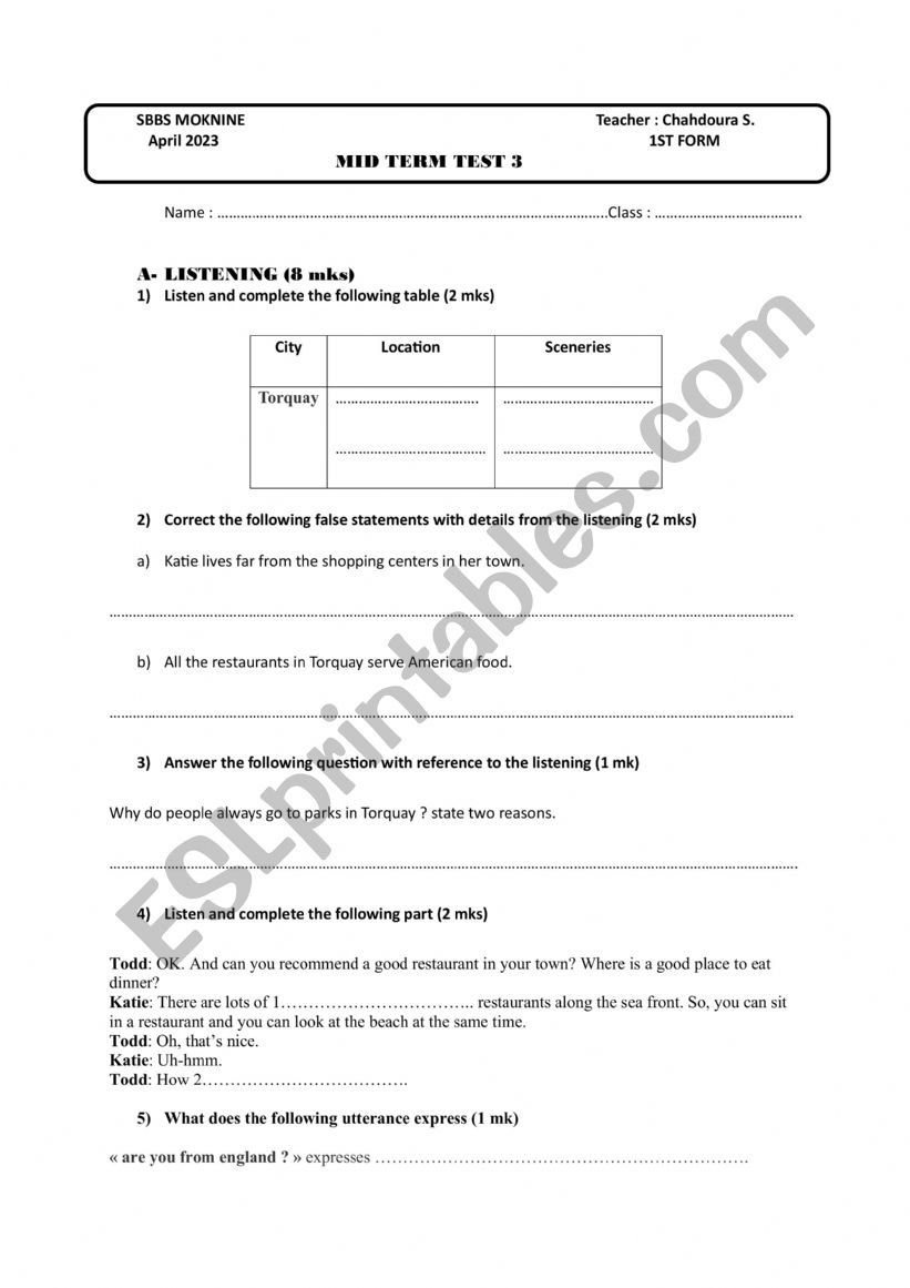 MID TERM 3 TEST      1st FORM worksheet