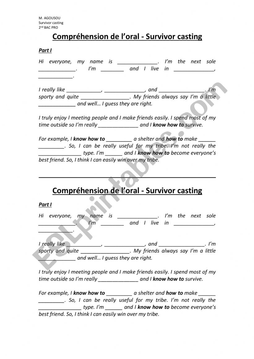 Survivor Casting  worksheet