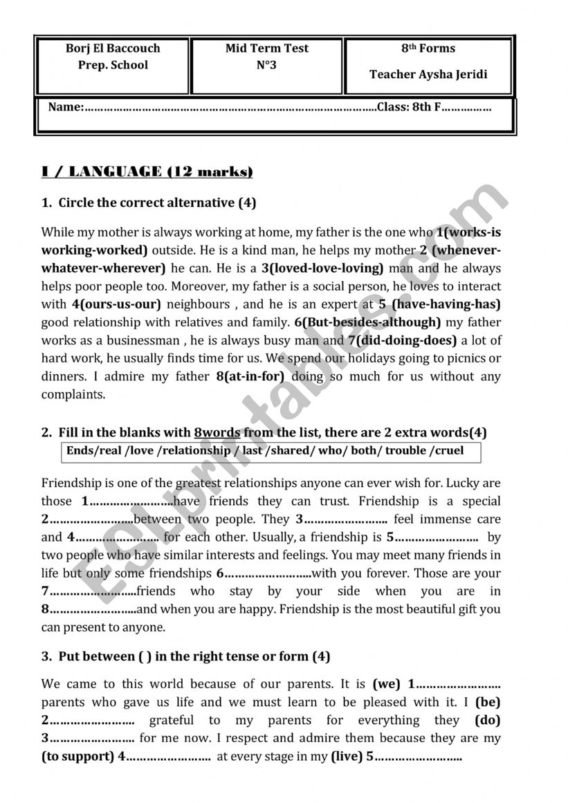 Mid term test 3 8th forms -Tunisia