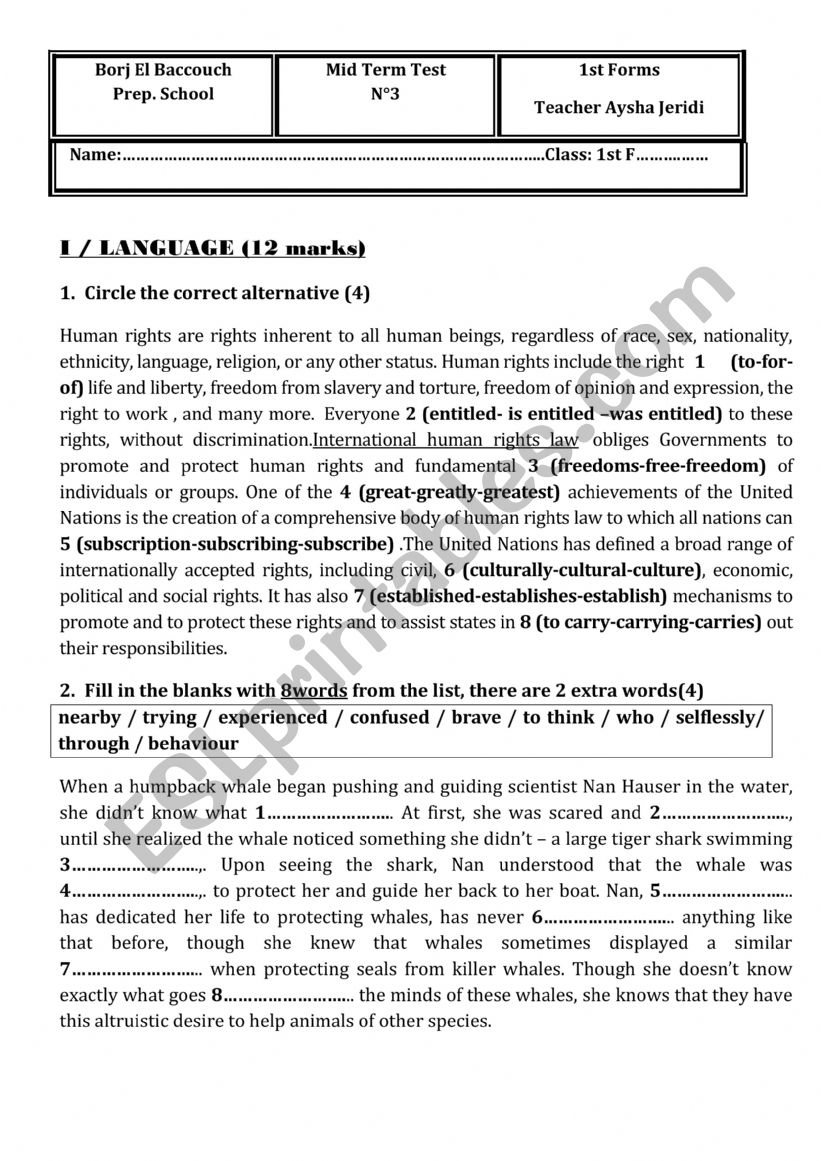 Mid term test 3 - 1st Form worksheet