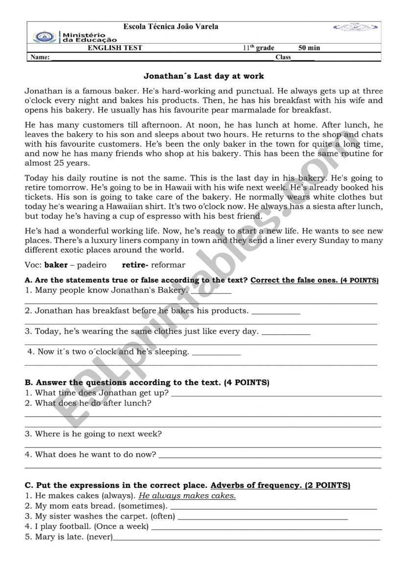 Jonathan the baker worksheet