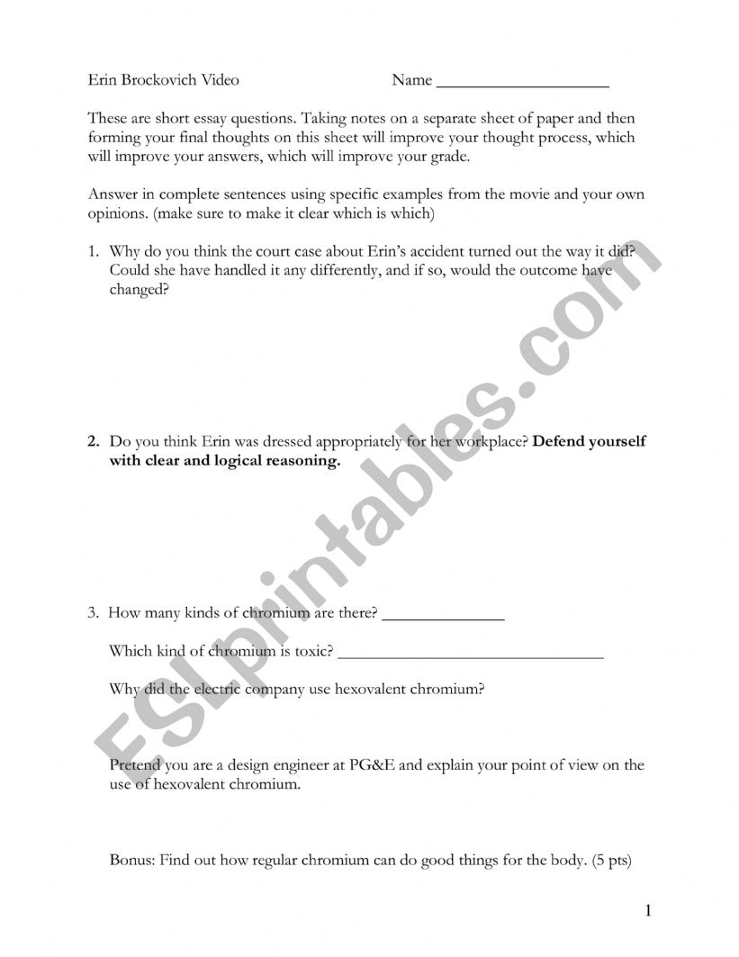 Erin Brockovich Movie Worksheet