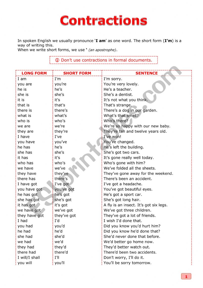 Contractions worksheet