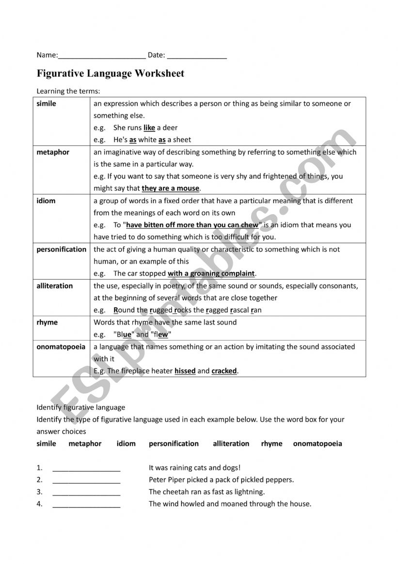 Figurative language worksheet worksheet