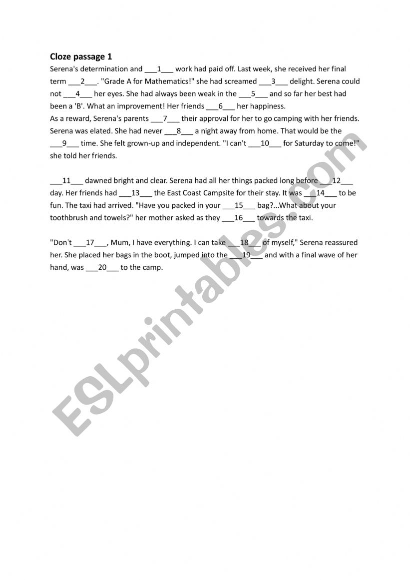 cloze passages worksheet