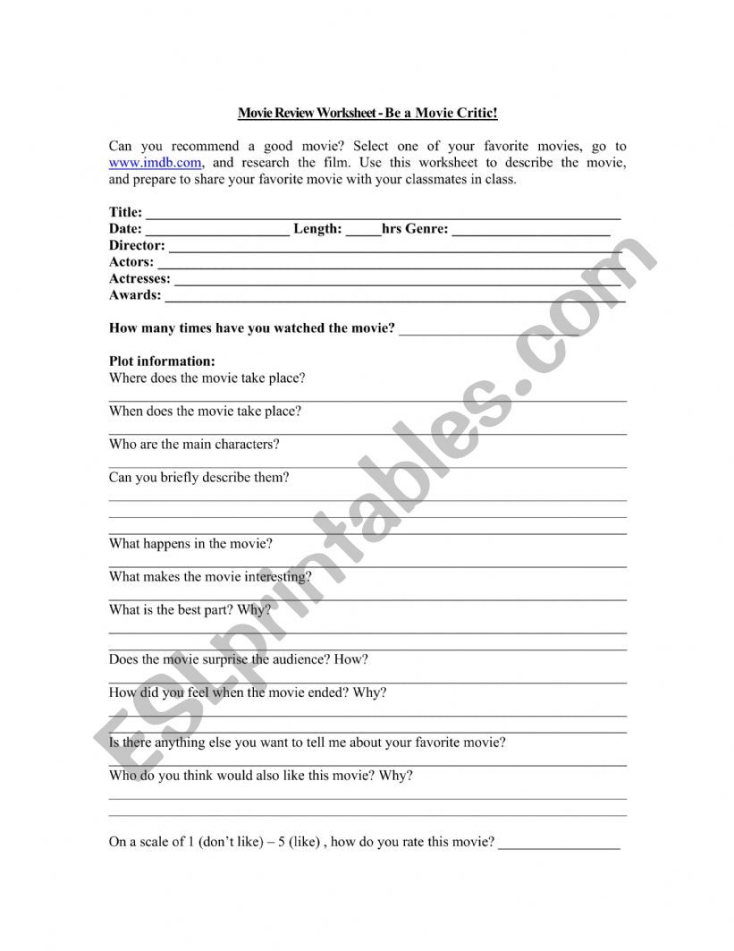WRITING A FILM REVIEW worksheet