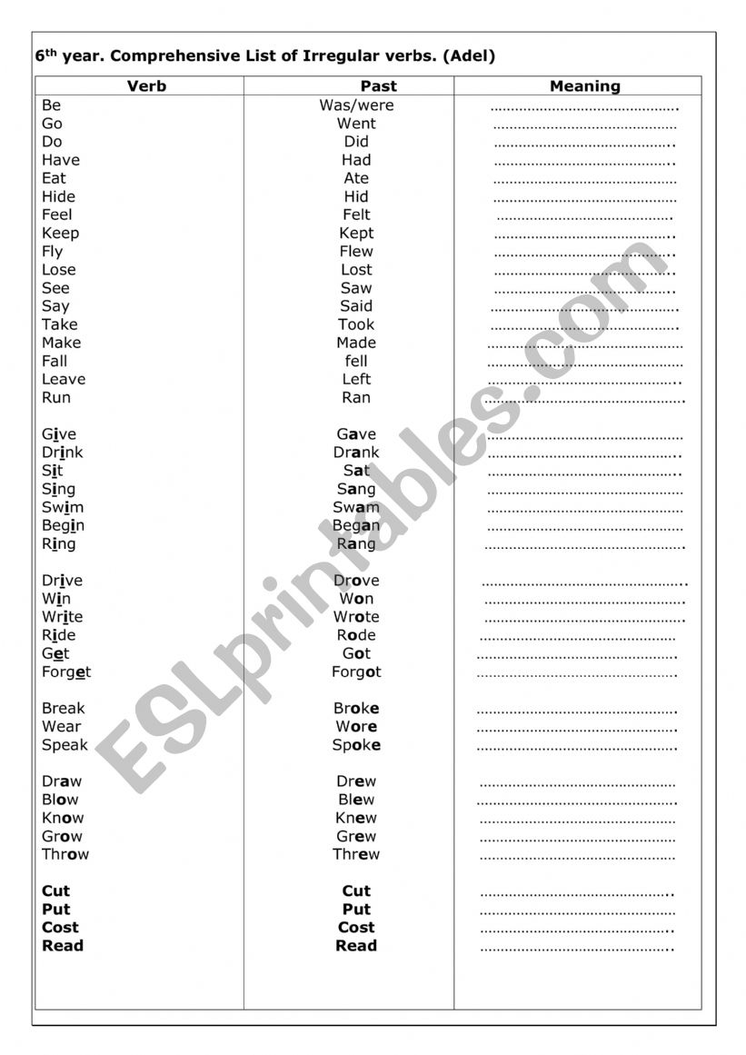 List of Irregular verbs worksheet