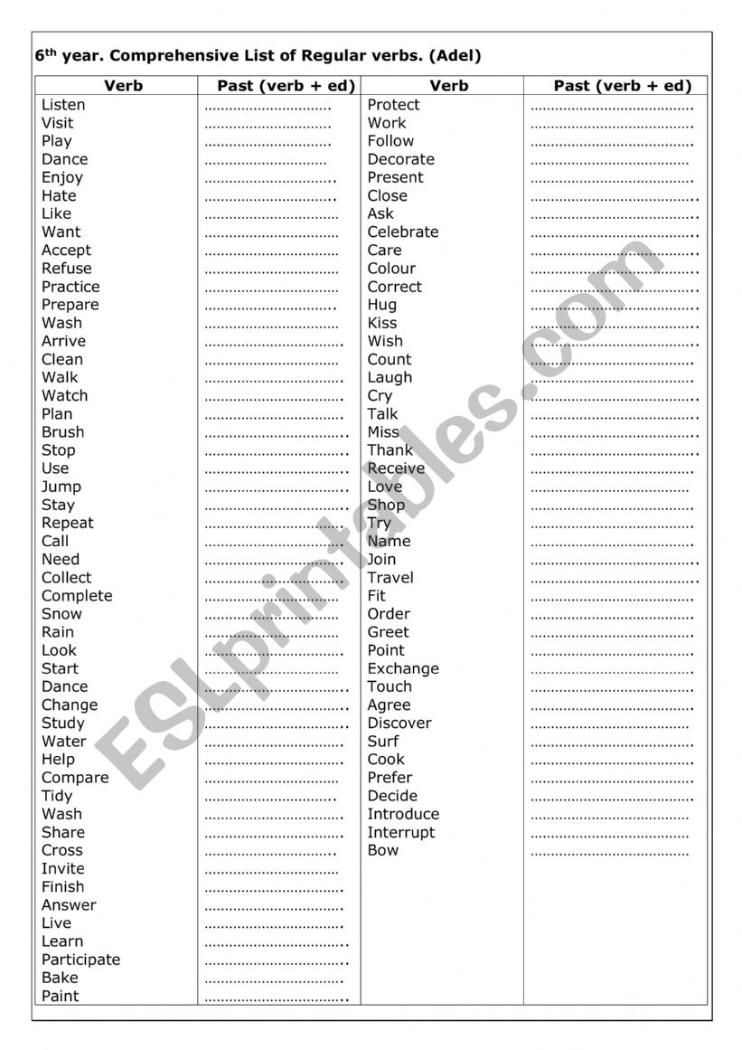 List of regular verbs  worksheet