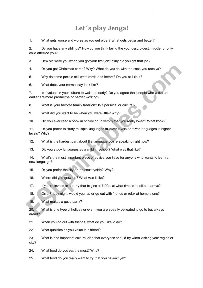 Jenga Questions worksheet