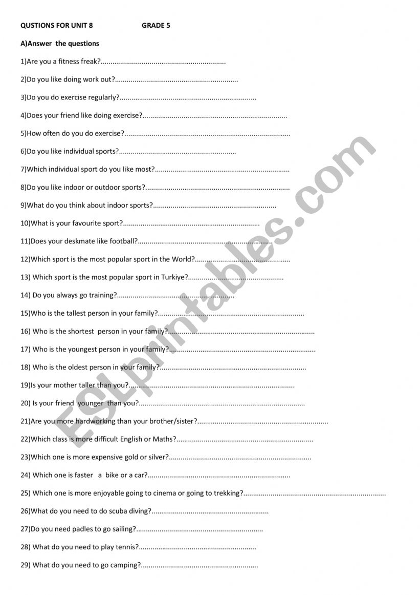 revision questions for 5th grade unıt 8