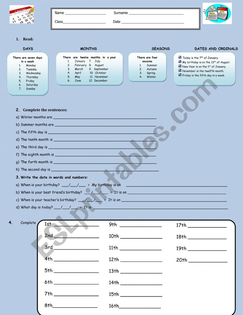 Days, months, ordinal numbers worksheet