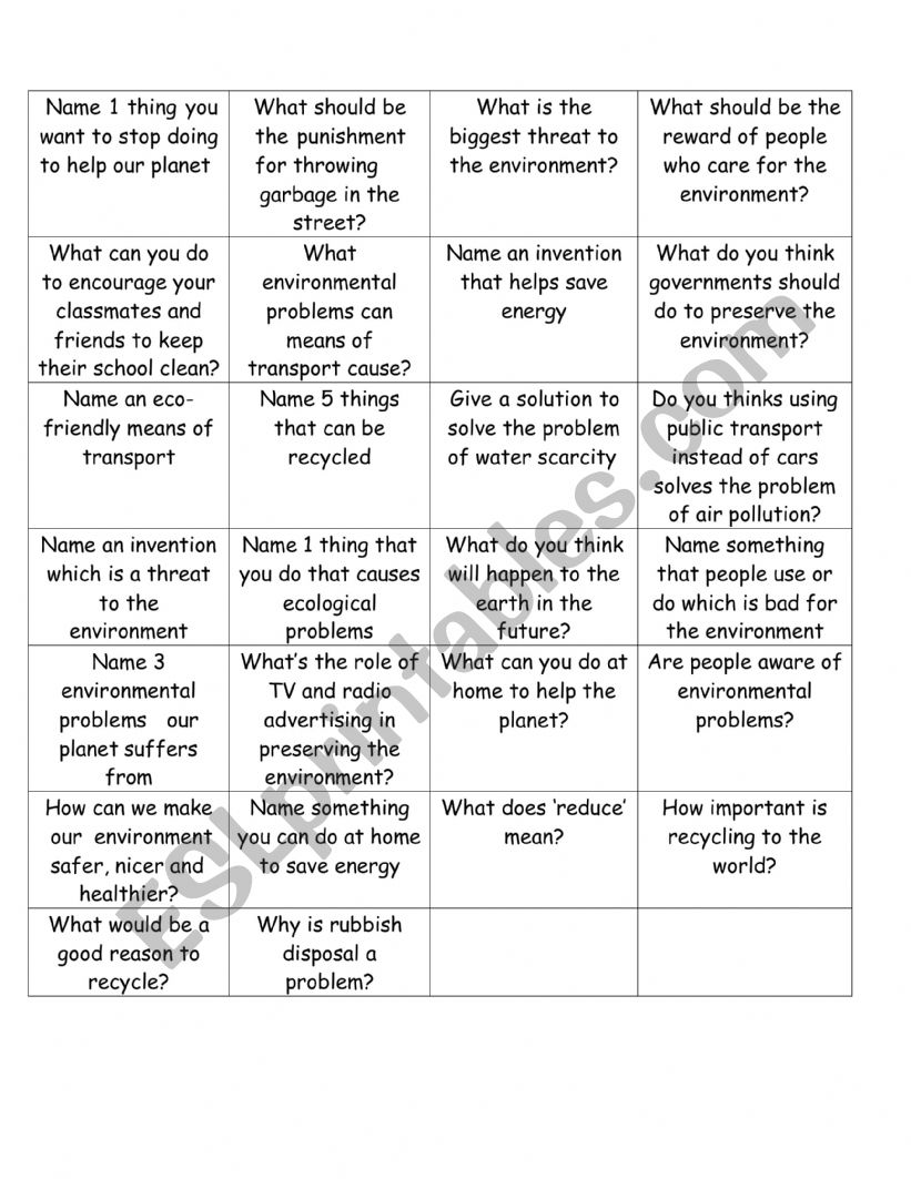 Eco Friendly Questions  worksheet