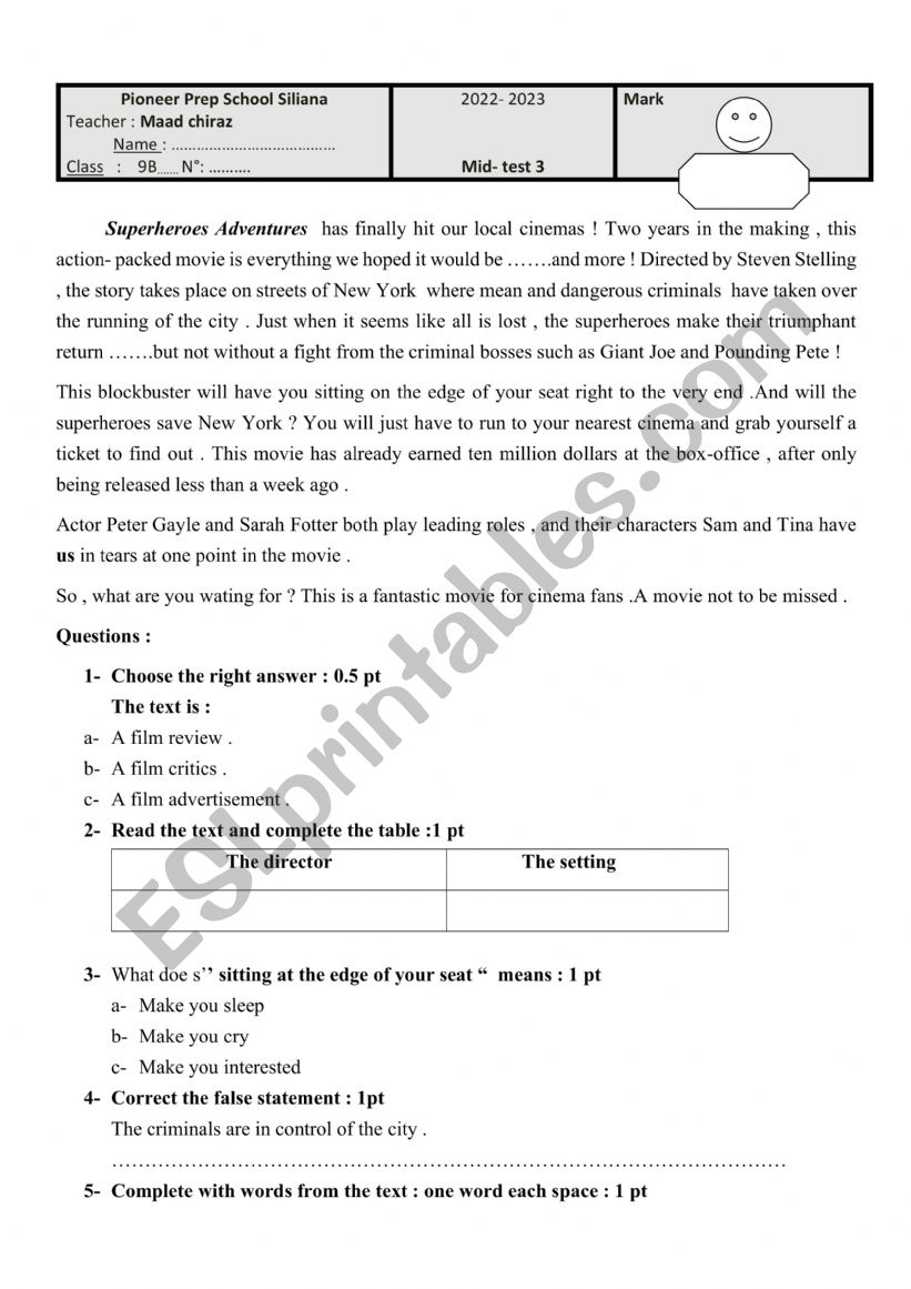 end term test for 9th graders 