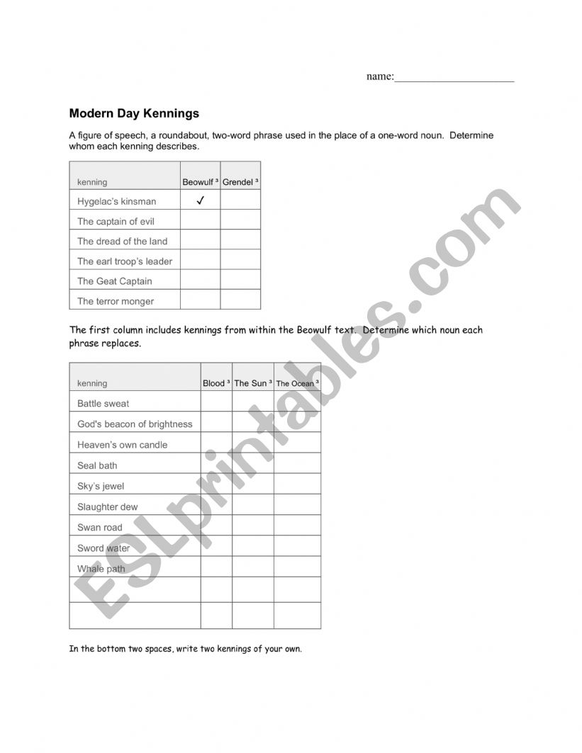 Modern Day Kennings worksheet