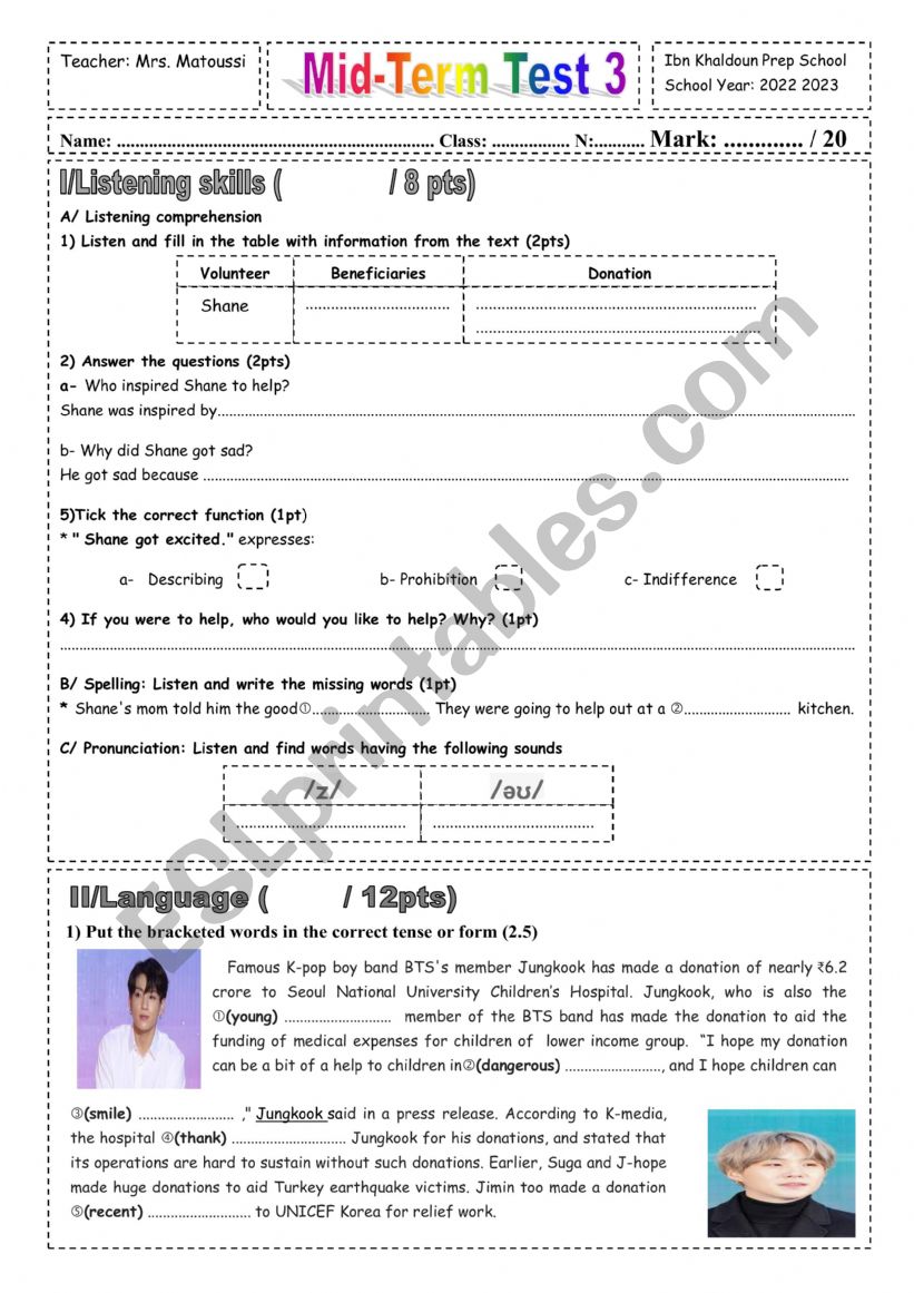 mid term test 3 / 9th form worksheet