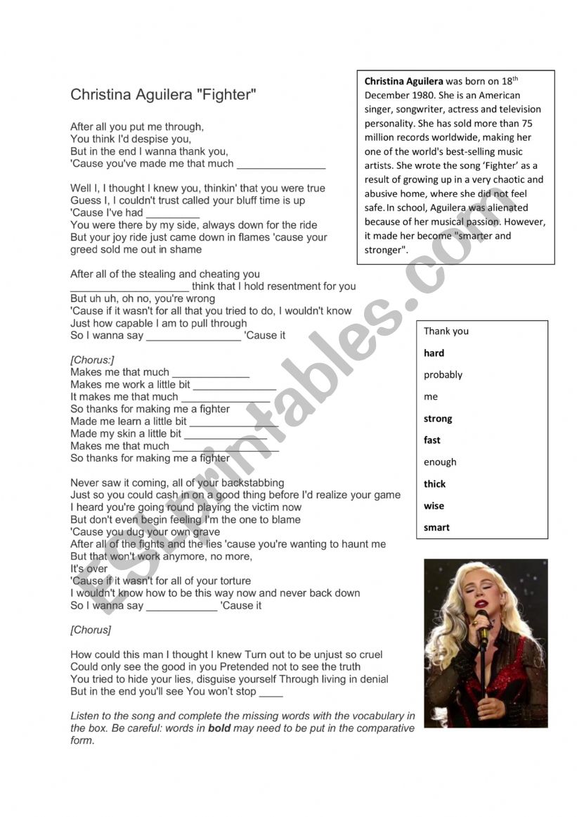 Grau comparativo dos adjetivos com Fighter da Christina Aguilera – English  Advantages