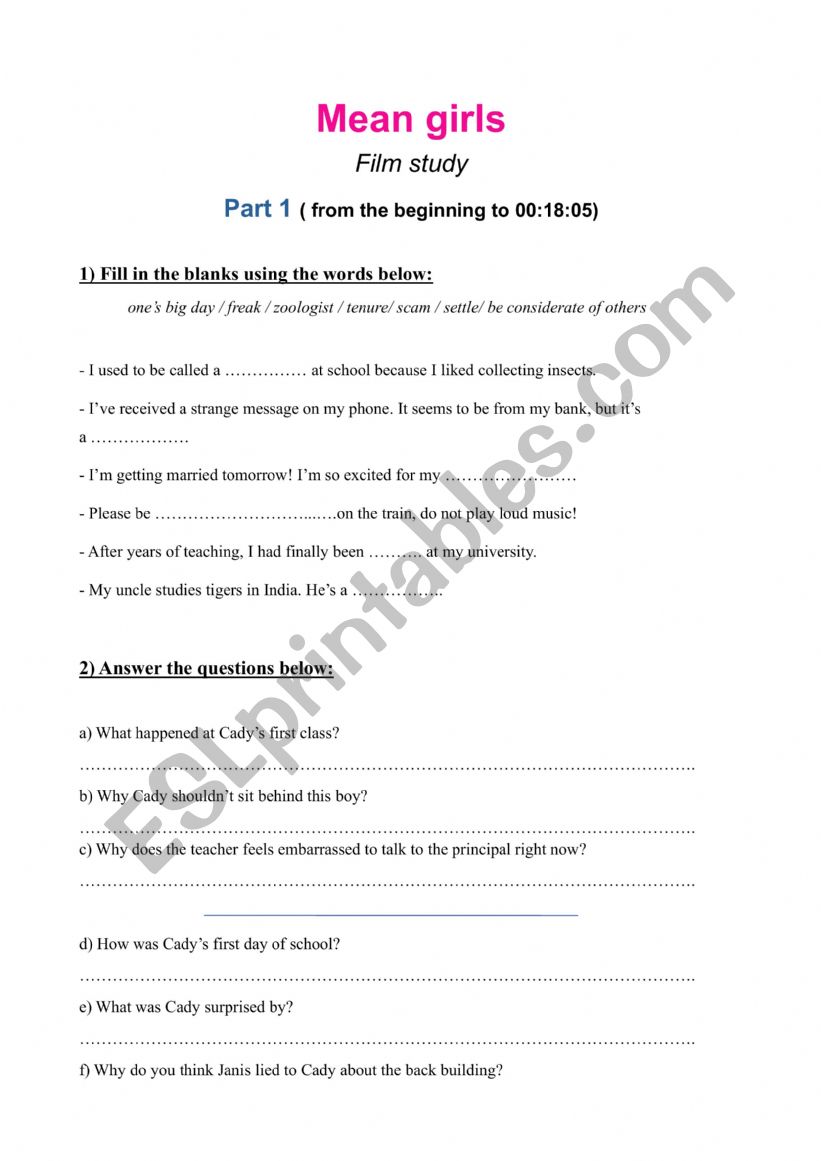 Film study- Mean Girls worksheet