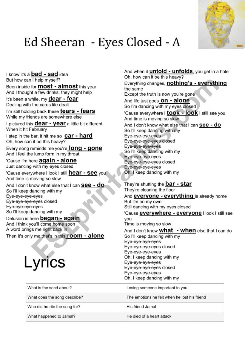 Ed Sheeran  - Eyes Closed worksheet