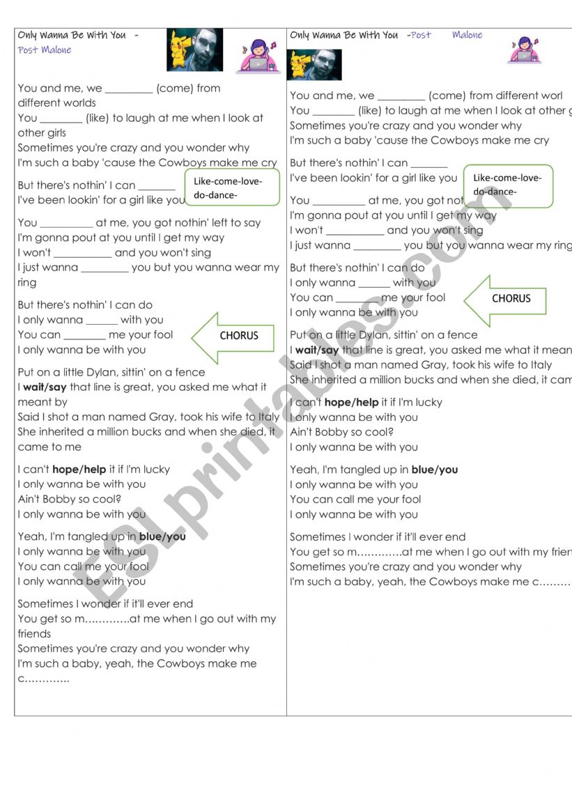 Song- Only wanna be with you worksheet