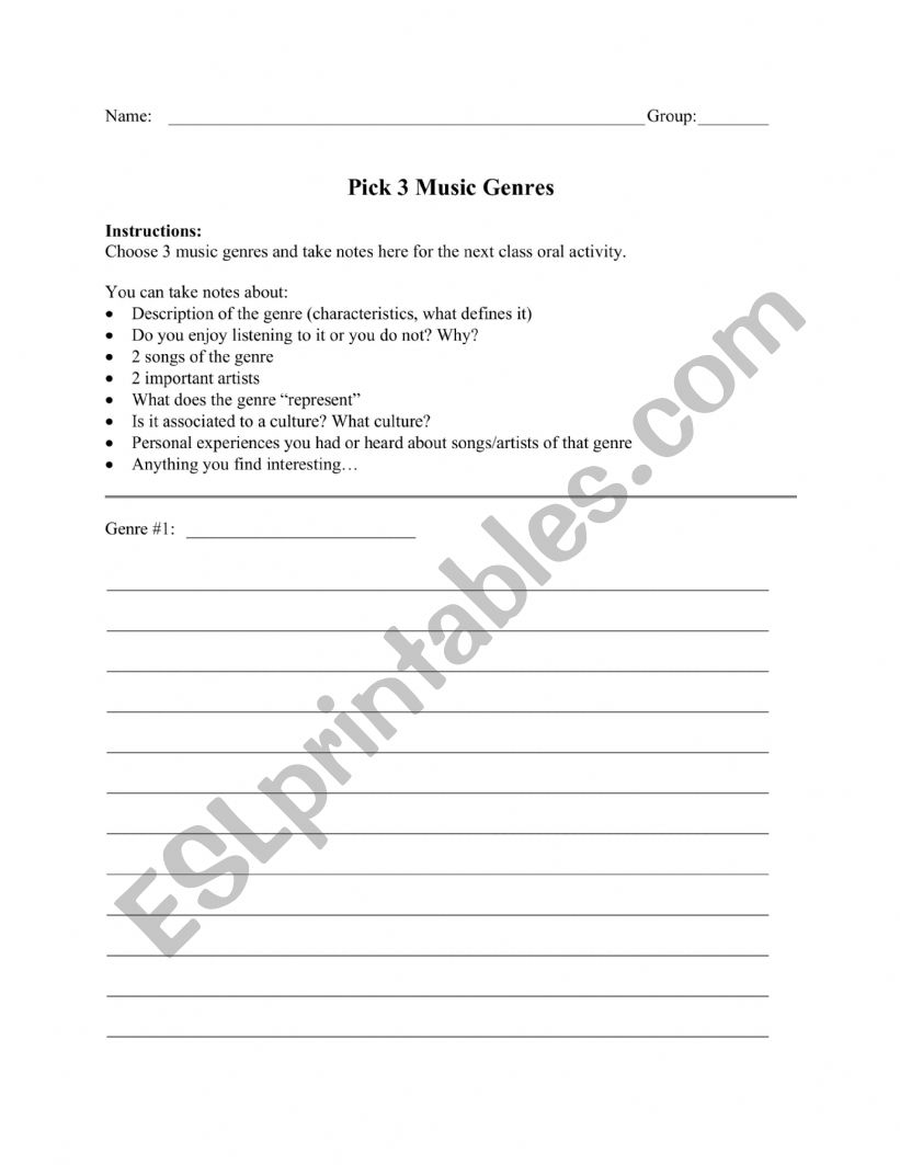 Pick 3 Music Genres Discussion Activity 