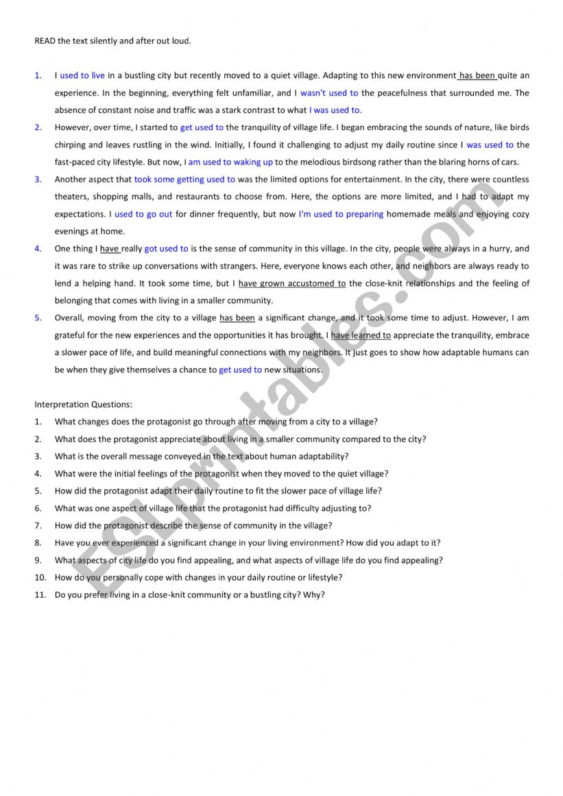 Used to - text interpretation worksheet