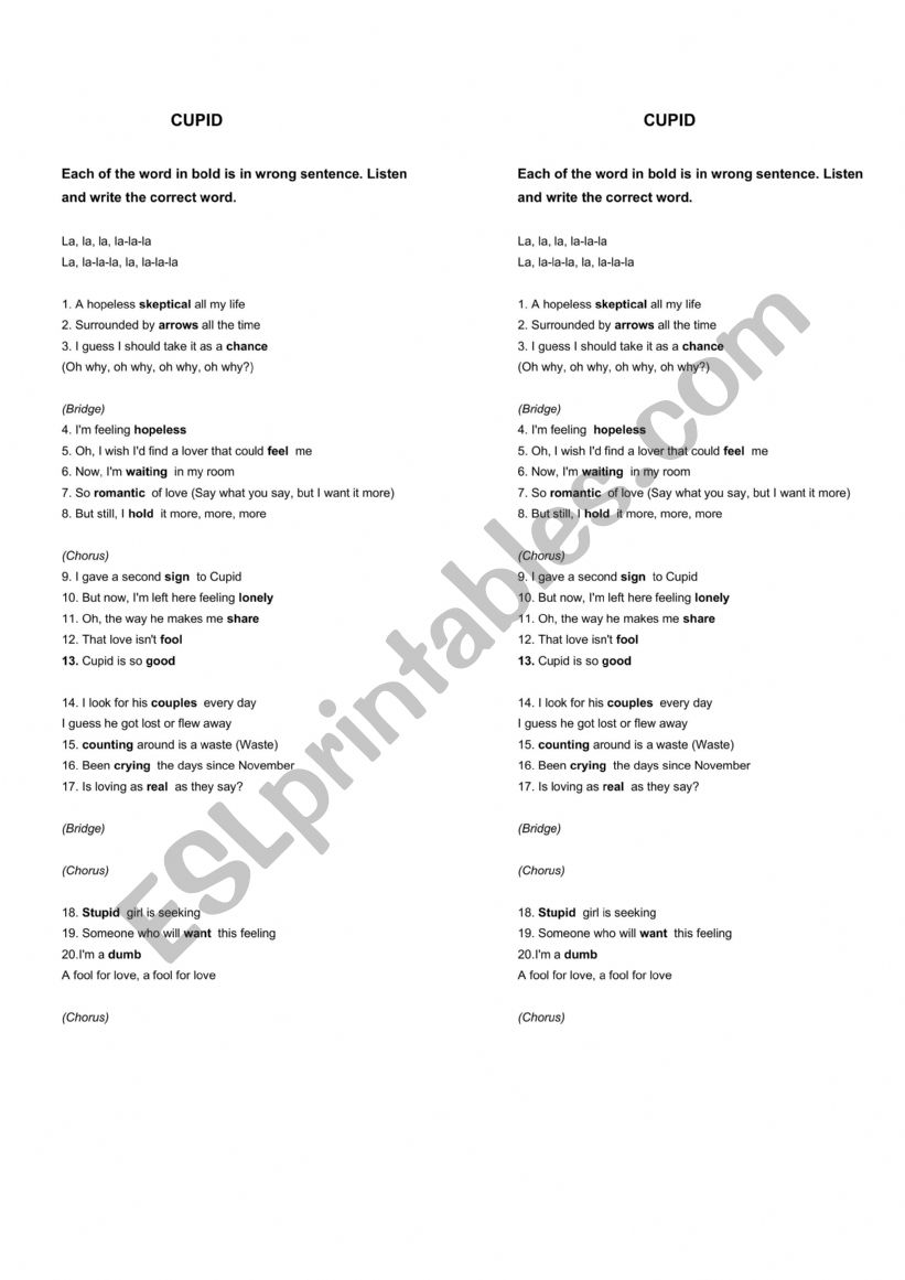 SONG WORKSHEET 2 - CUPID FIFTY FIFTY