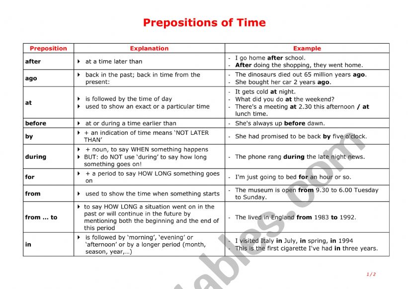 Prepositions of Time worksheet