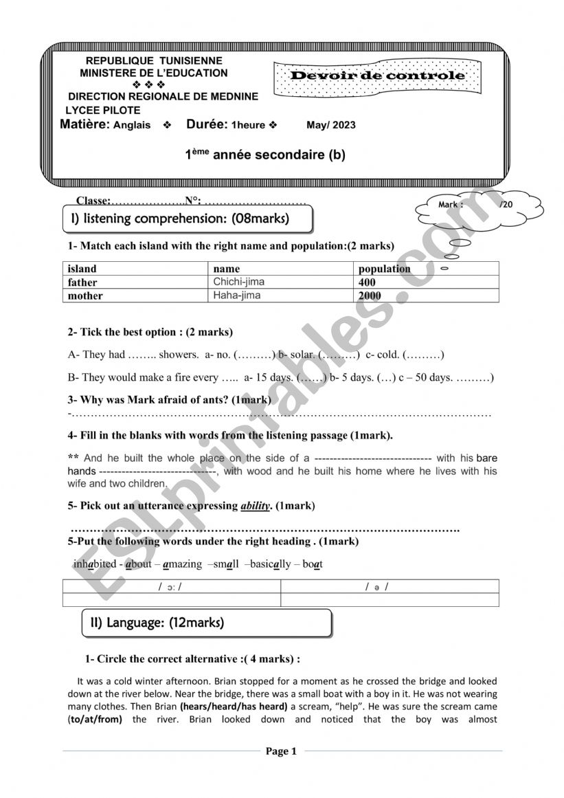 1st form mid term test 3 -b-  pioneer school 