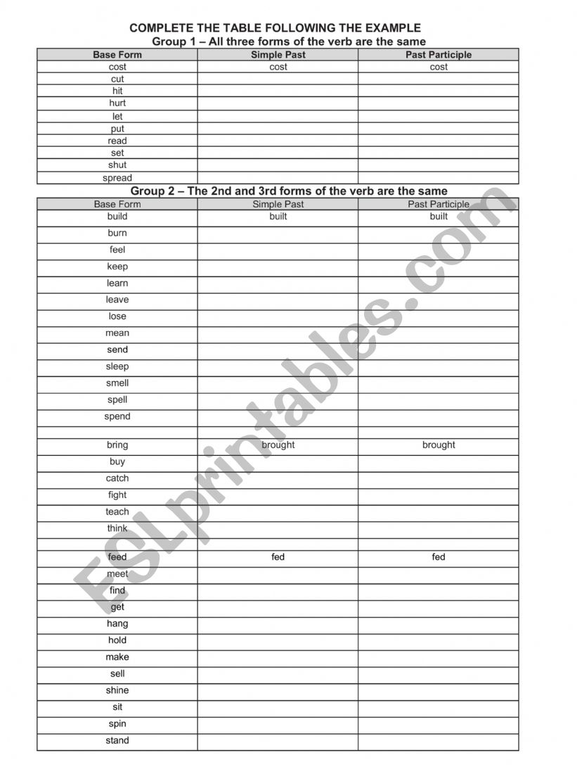 IRREGULAR VERBS GROUPED worksheet