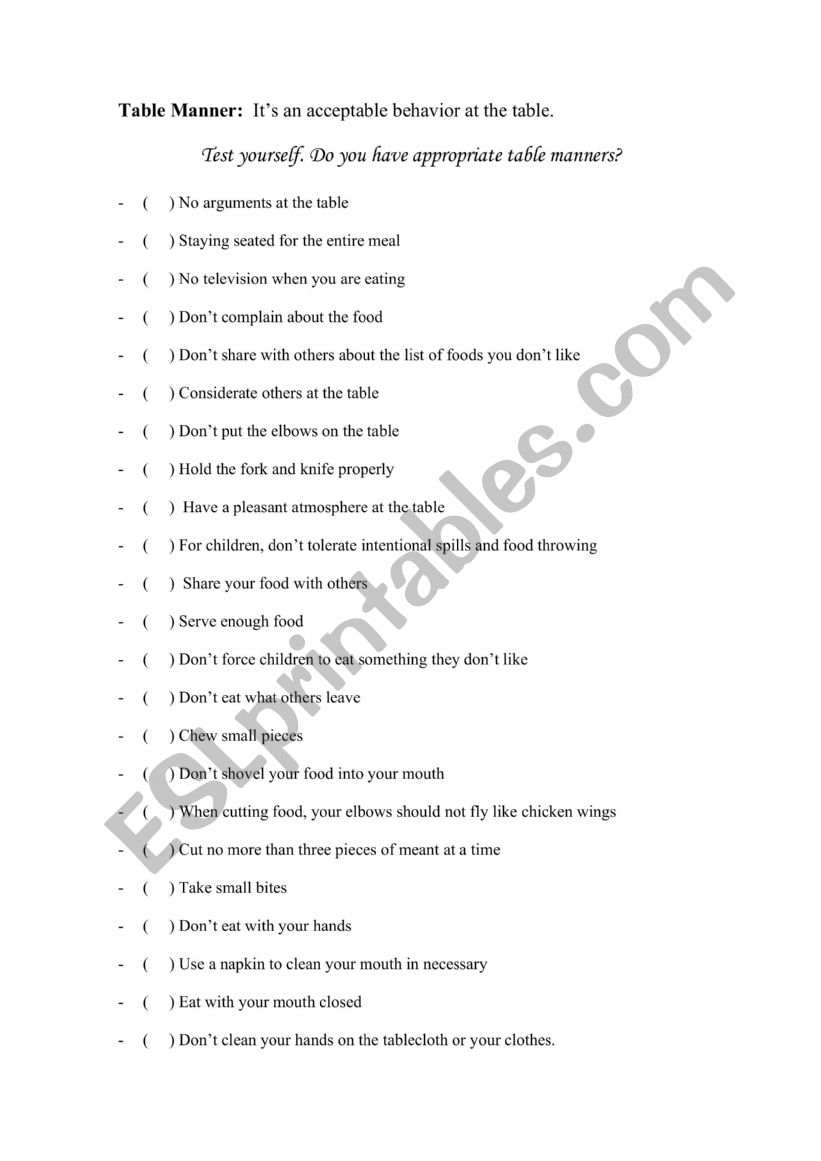 Table manners worksheet