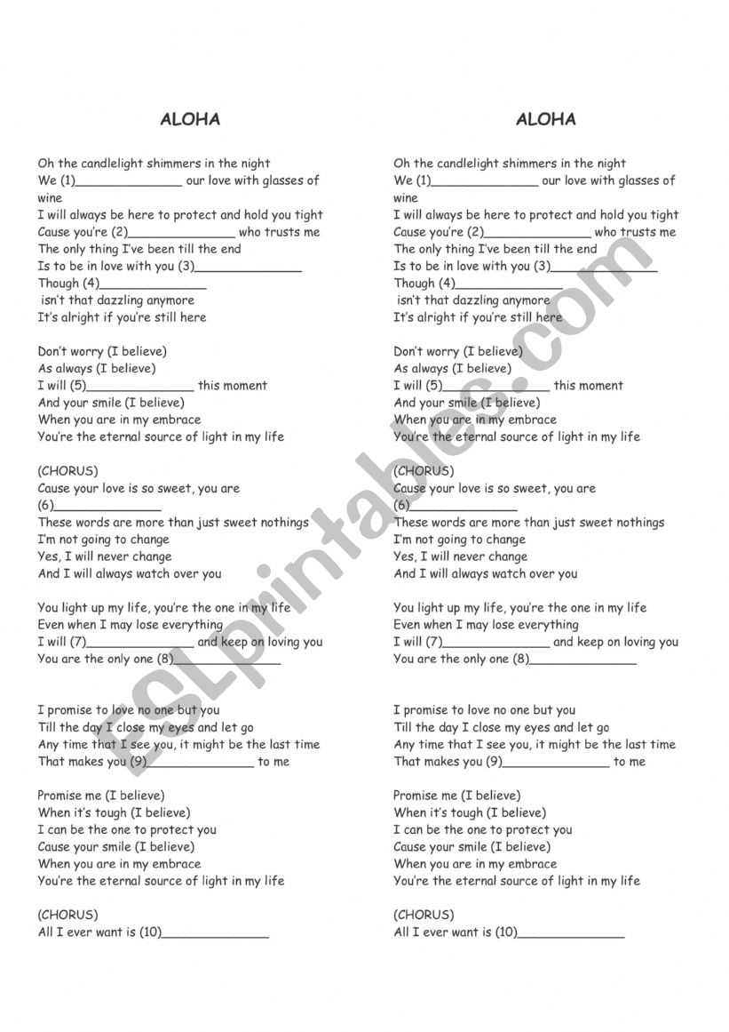 SONG WORKSHEET 3 - ALOHA worksheet