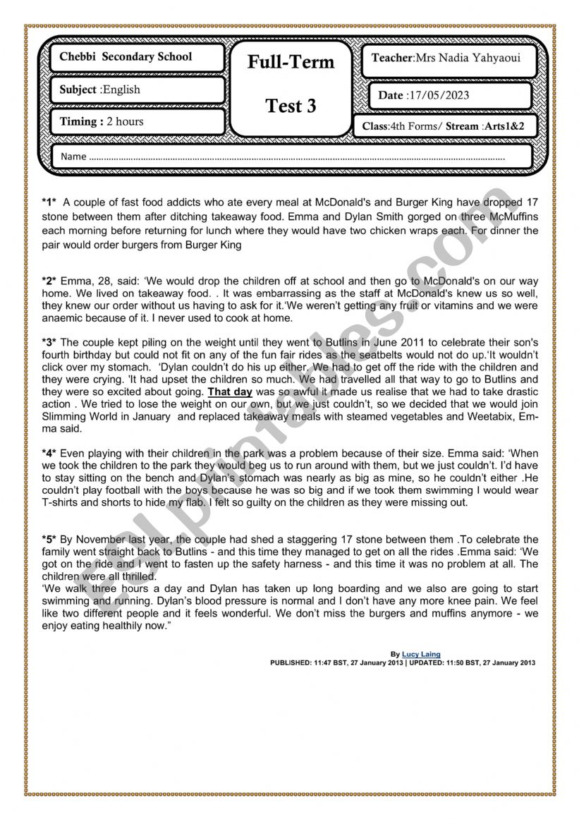 Full-Term Test 3 Bac Level worksheet
