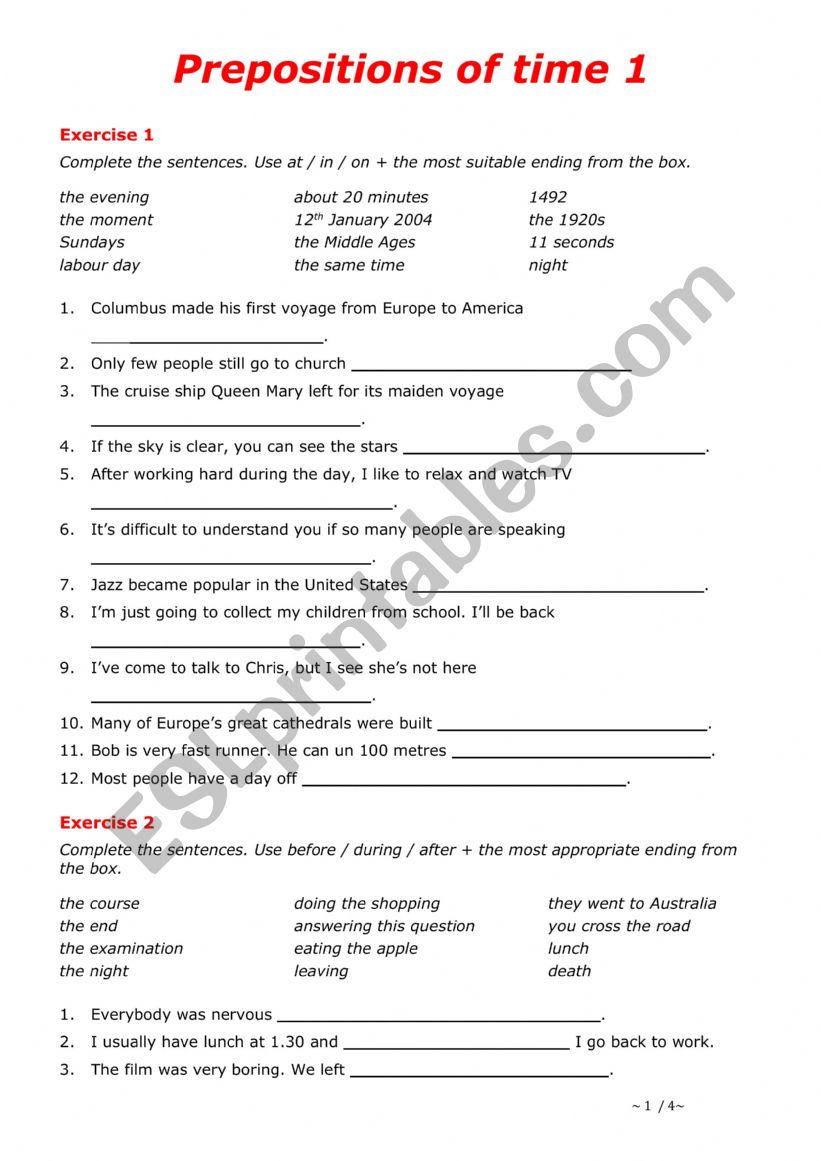 Prepositions of Time worksheet