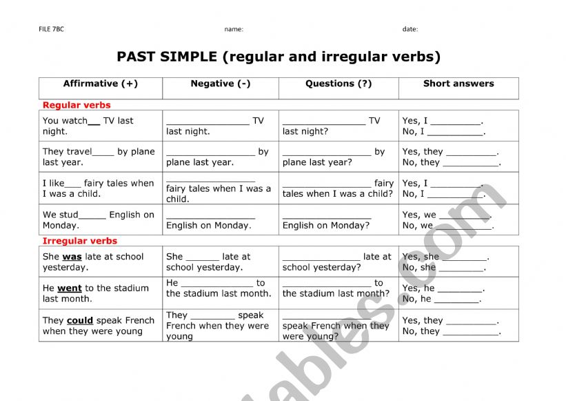 past simple regular and irregular verbs