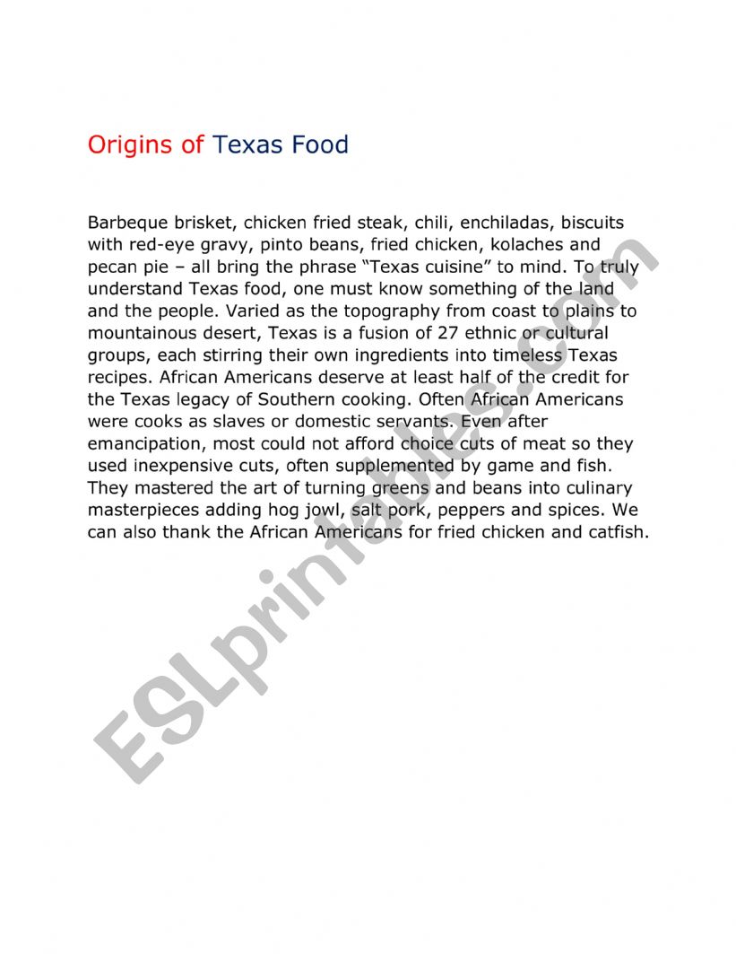 Original Texas food worksheet