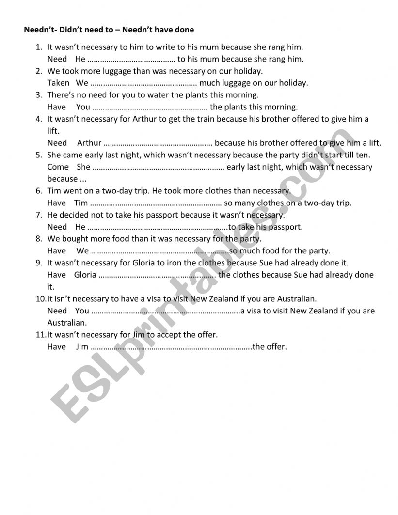 exercise on  Neednâ€™t- Didnâ€™t need to â€“ Neednâ€™t have done