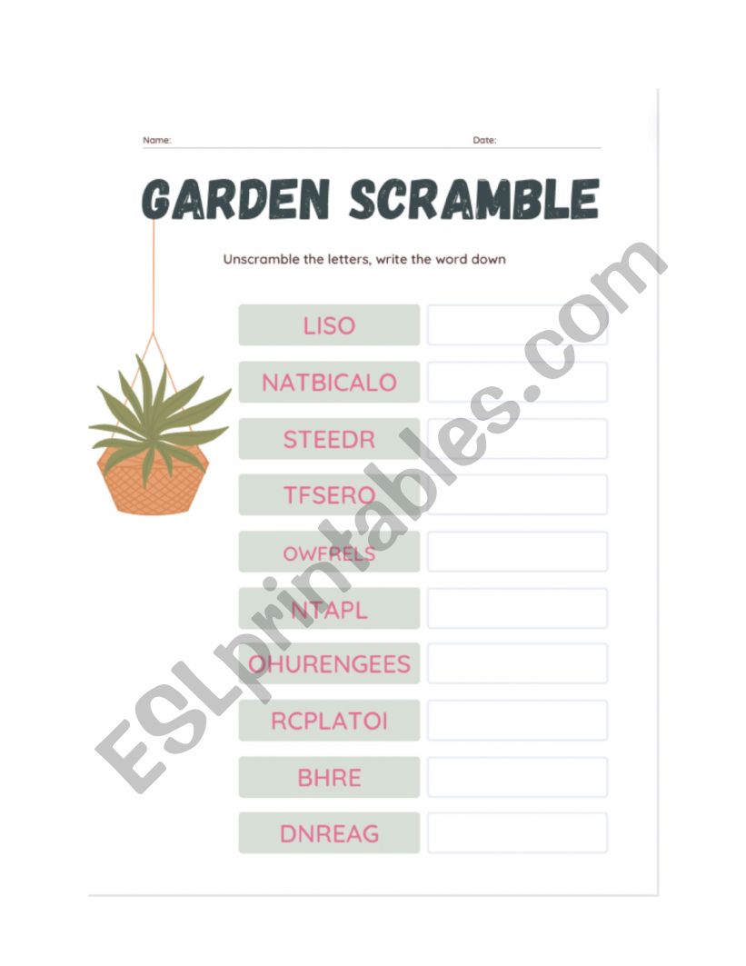 garden unscramble worksheet