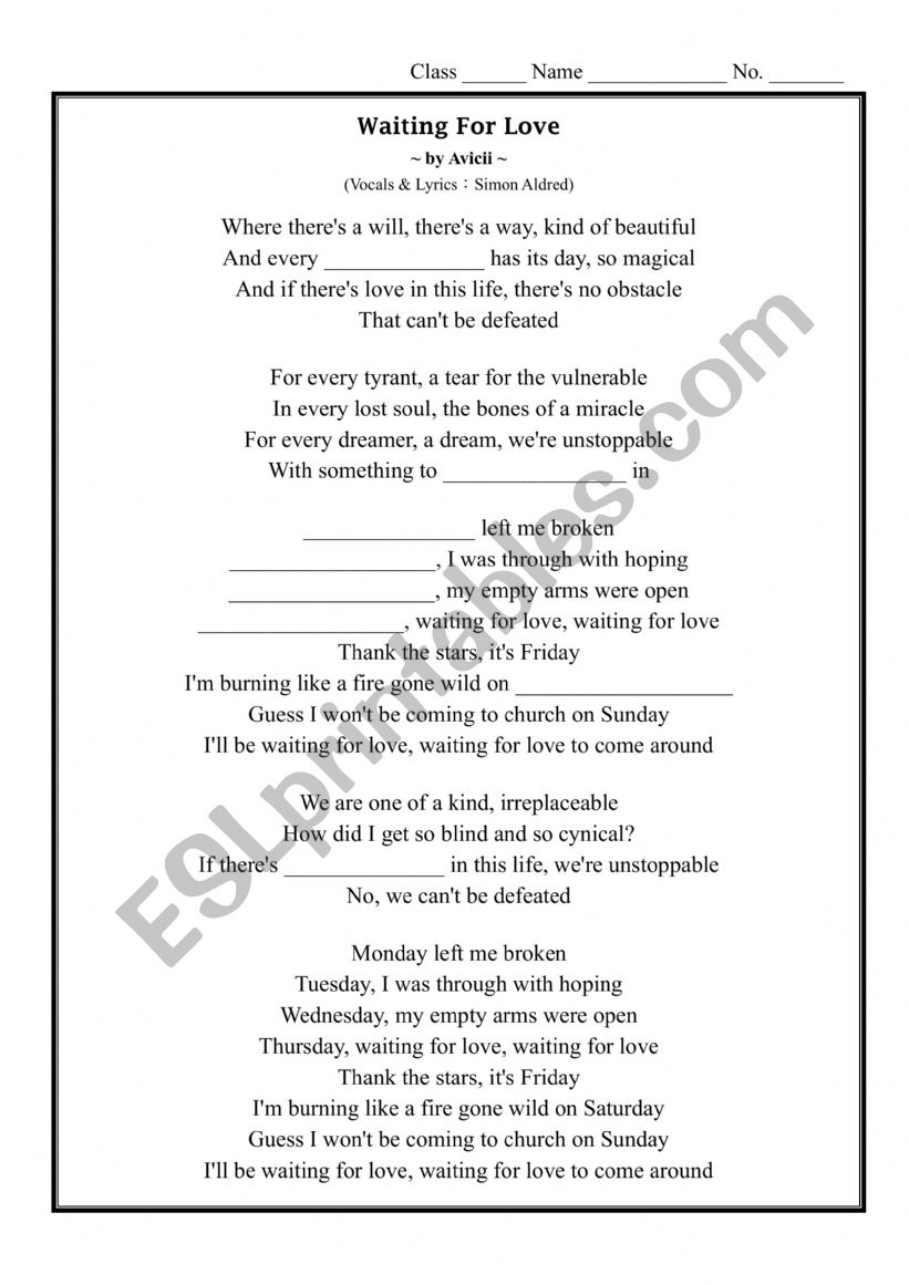 Waiting for love worksheet